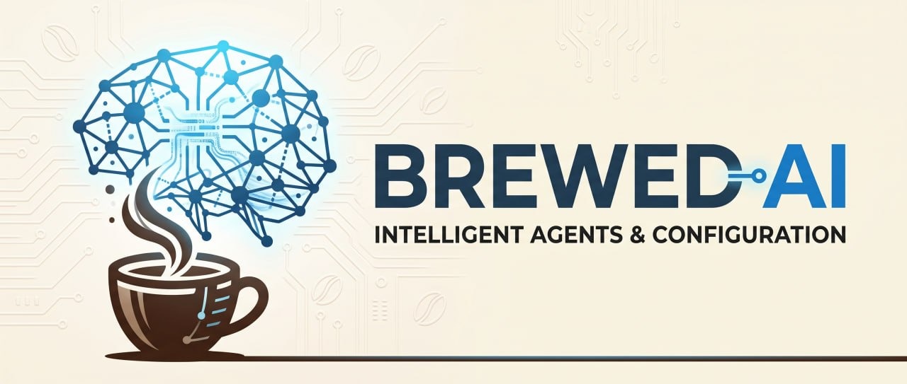 Brewed AI brain and coffee mark on a cream circuit-board background